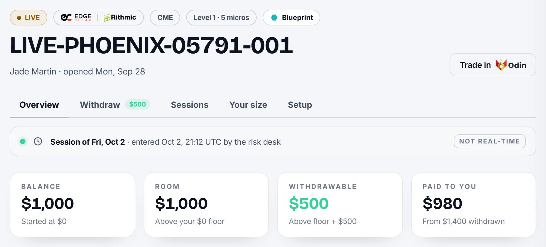 The Live Desk: balance, floor, room and size level of a Live account